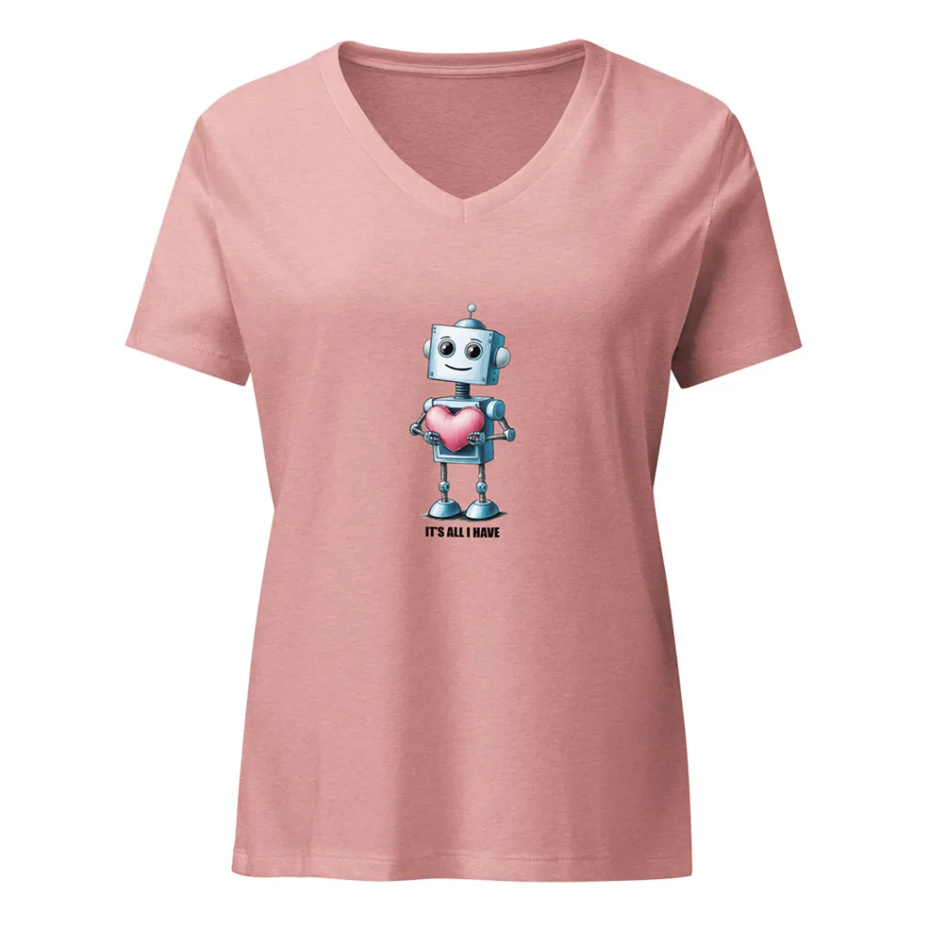 Womens Robot with a Big Heart, Graphic V-Neck T-Shirt