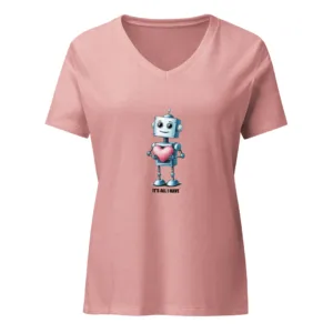Womens Robot with a Big Heart, Graphic V-Neck T-Shirt