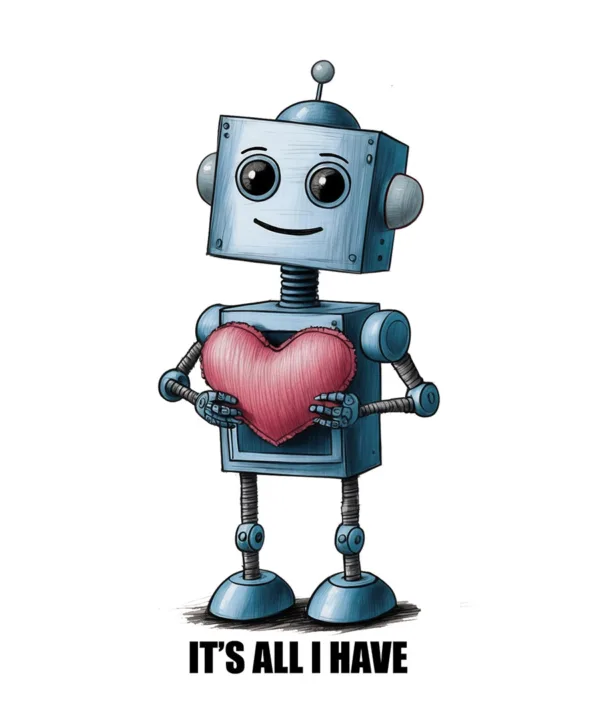 Womens Robot with a Big Heart, Graphic T-Shirt V-Neck - Image 2
