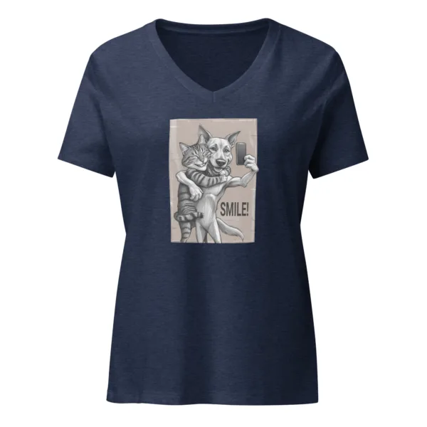 SMILE! Graphic Cat and Dog V-Neck T-Shirt