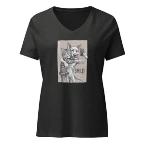 SMILE! Graphic Cat and Dog V-Neck T-Shirt