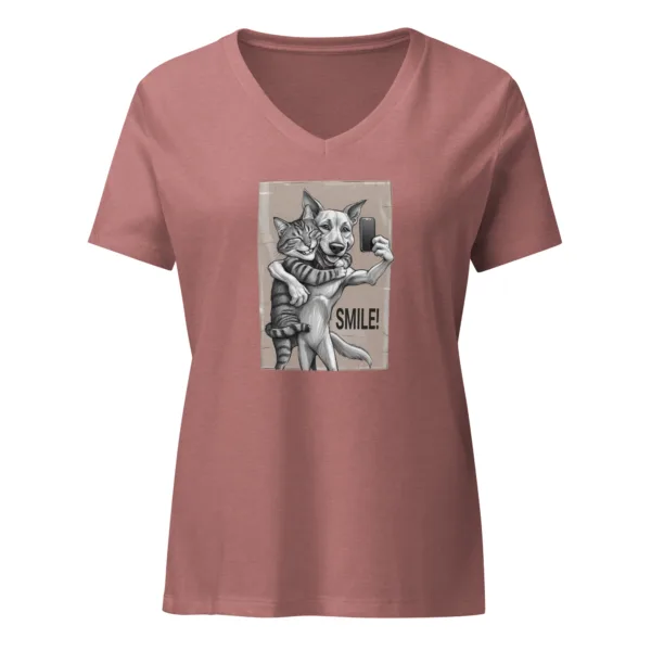 SMILE! Graphic Cat and Dog V-Neck T-Shirt - Image 3
