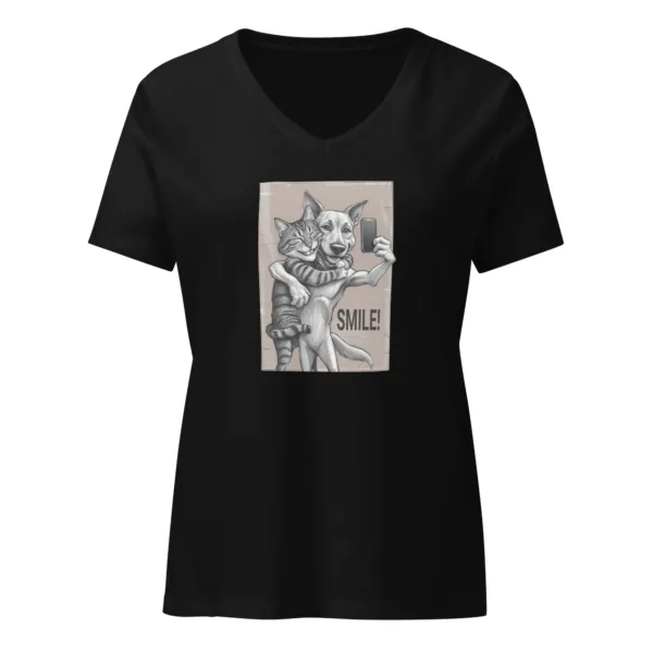 SMILE! Graphic Cat and Dog V-Neck T-Shirt - Image 2