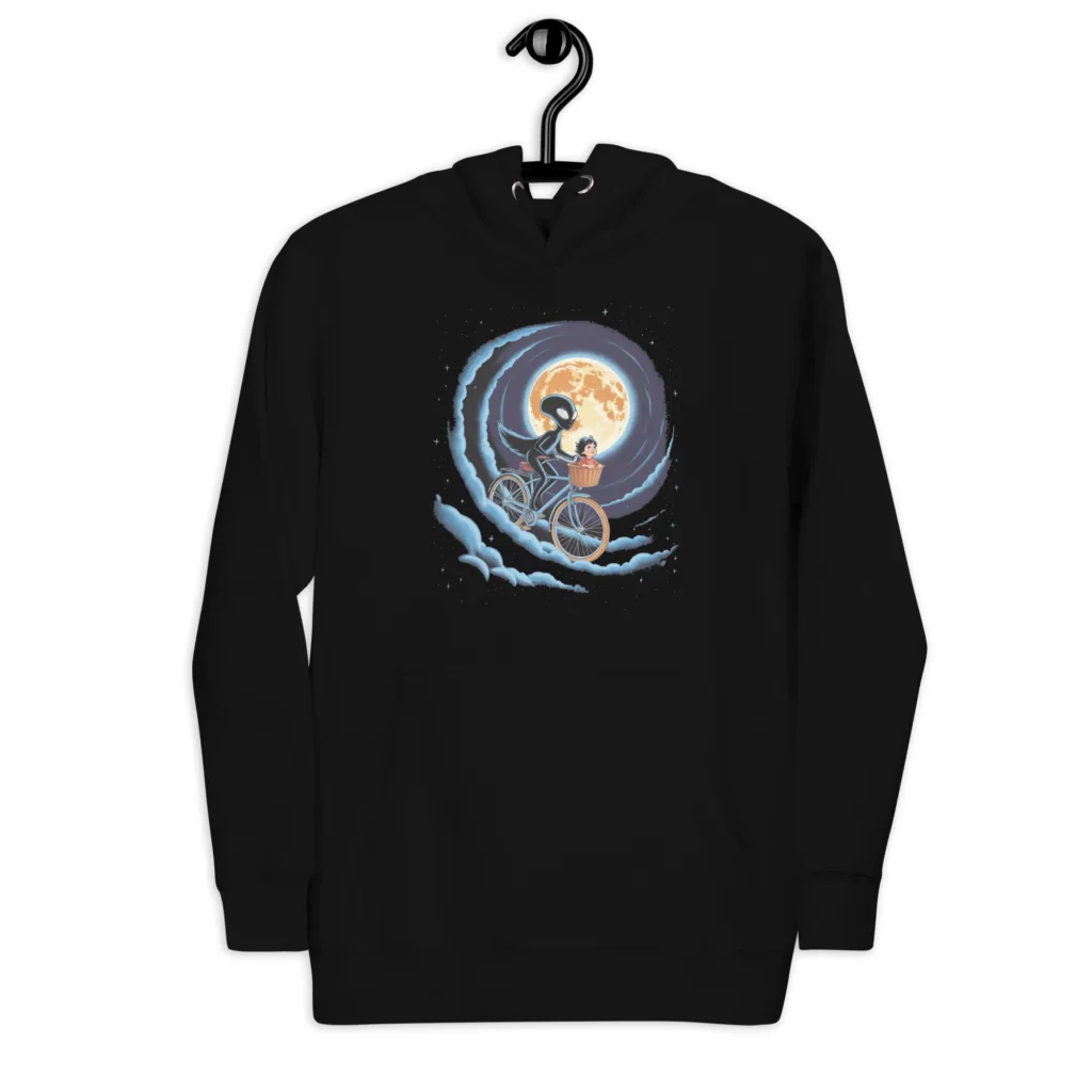 Alien & Kid Flying Bike - Retro Moon Ride Graphic Pullover Hoodie