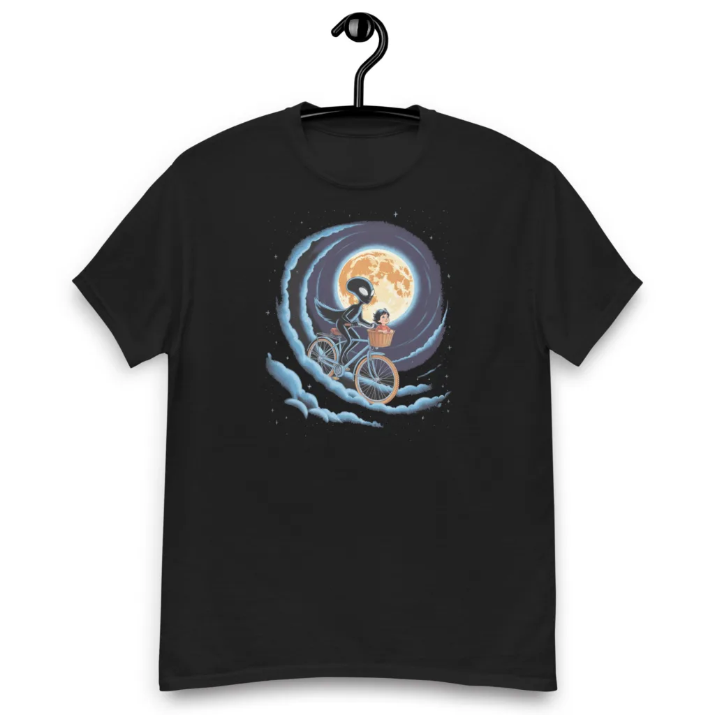 Alien & Kid Flying Bike - Retro Moon Ride Graphic T-Shirt Unisex