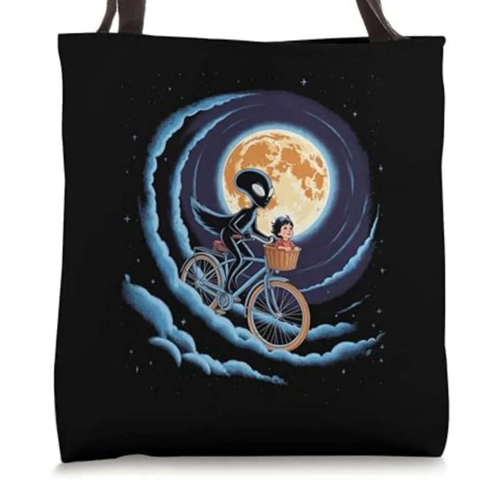 Alien & Kid Flying Bike - Retro Moon Ride Graphic Tote Bag