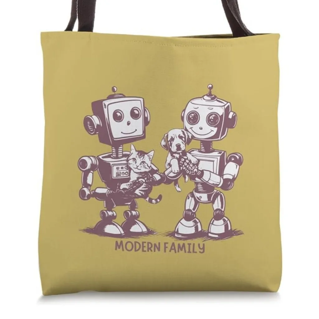 Modern Family, Robot Couple with Cat and Dog Graphic Tote Bag